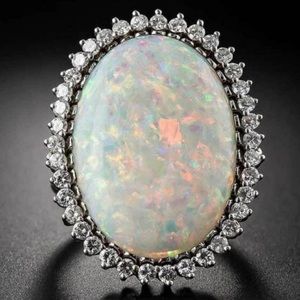 NEW HUGE OPAL DIAMOND HALO STERLING SILVER RING